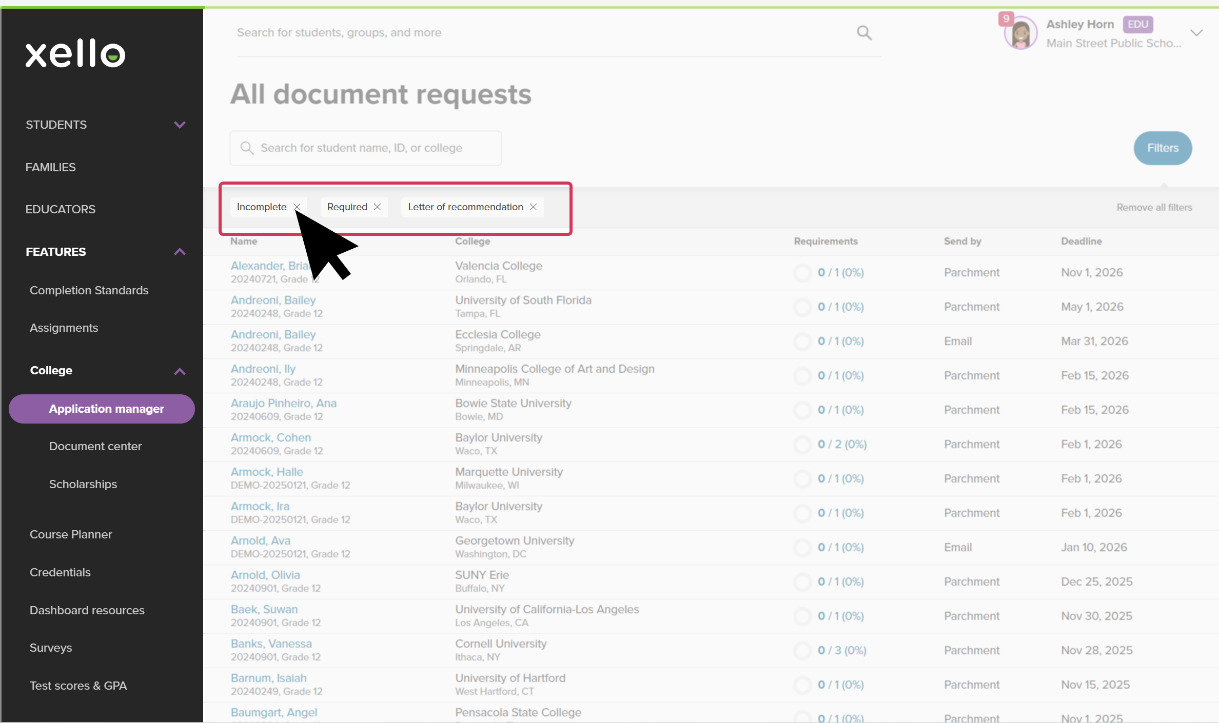 Document requests page in Xello. There are three filters applied and highlighted: "Incomplete", "Required", and "Letter of recommendation". The cursor is clicking the X next to "Initial" to remove it.